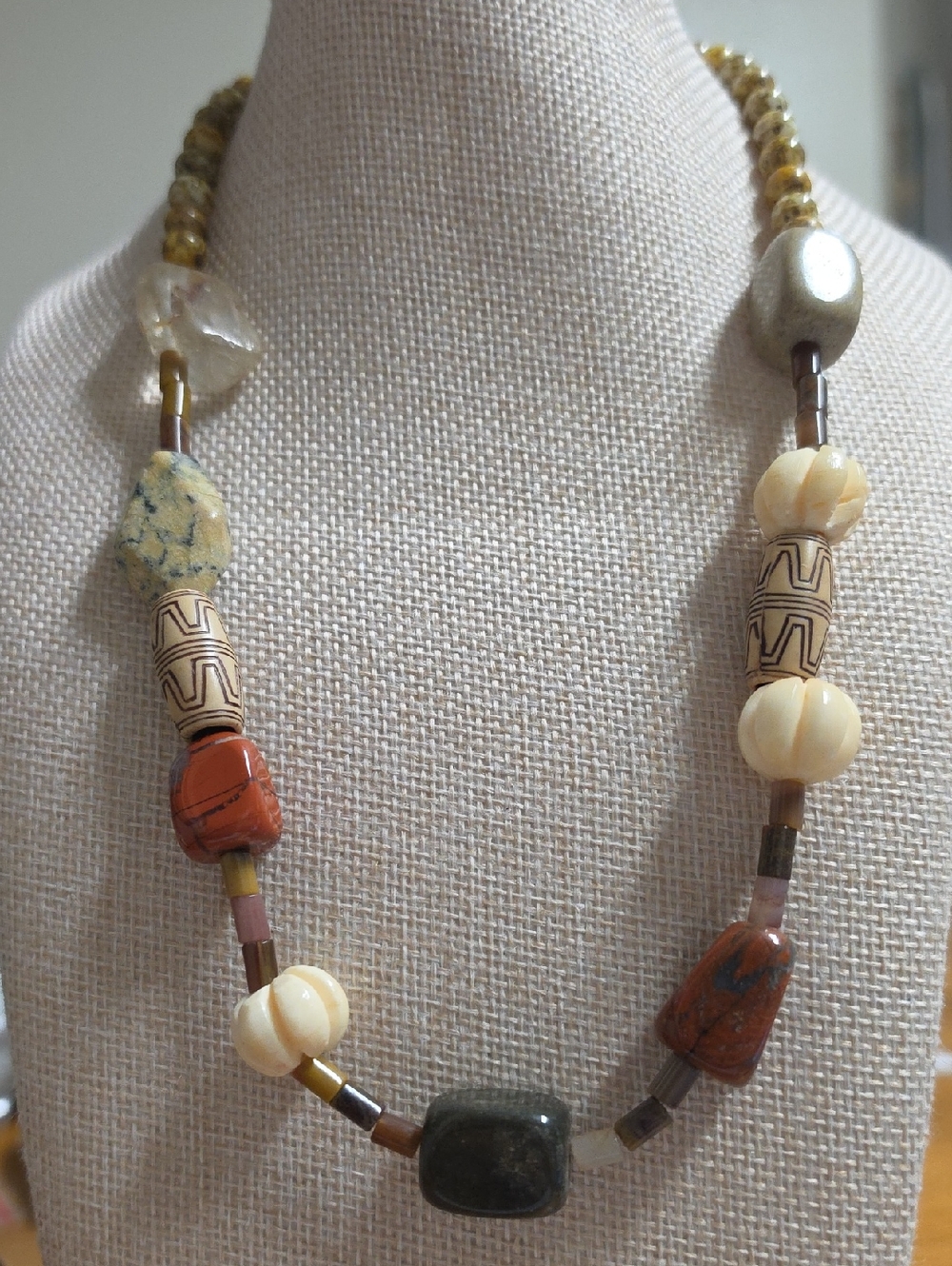 Artisan Jasper- Carved Bone Melon Bead- Jadiete -Quartz Necklace